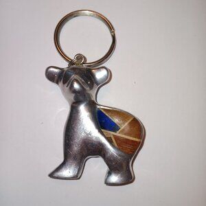 Silver color bear key chain with wood & blue stone inlay Vintage